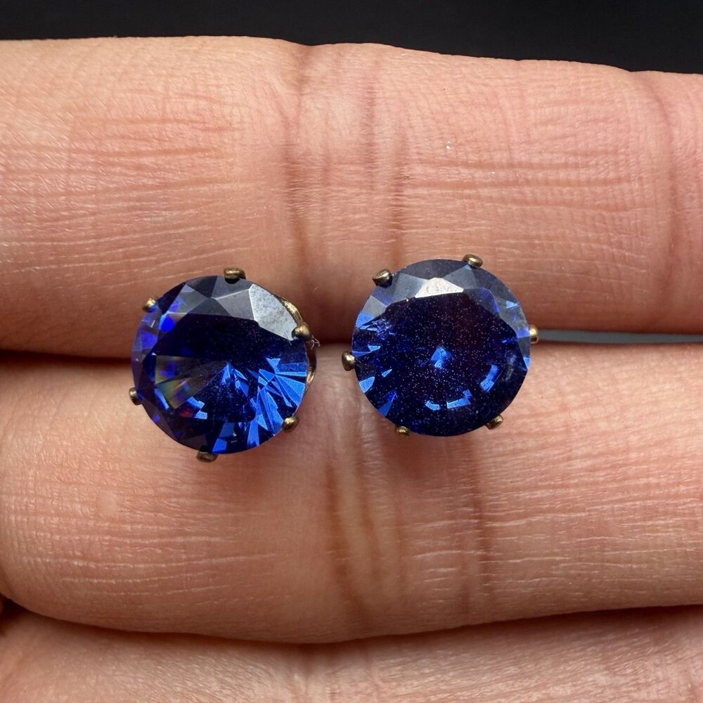 Round Simulated Blue Sapphire Women's Stud Earrings Yellow Gold Tone Women’s New